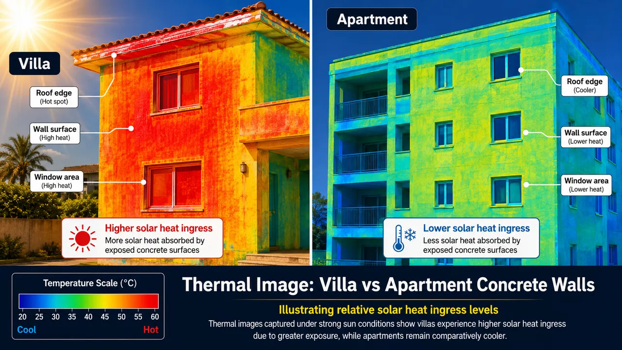 Thermal imaging diagram illustrating structural concrete heat ingress on exposed walls