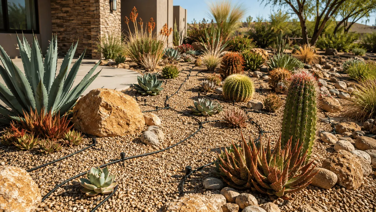 Luxury modern architectural villa exterior with minimalist desert drought landscape