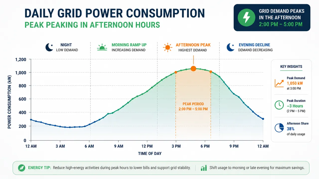 Demand peak graph illustrating electrical loads peaking between 12 PM to 5 PM