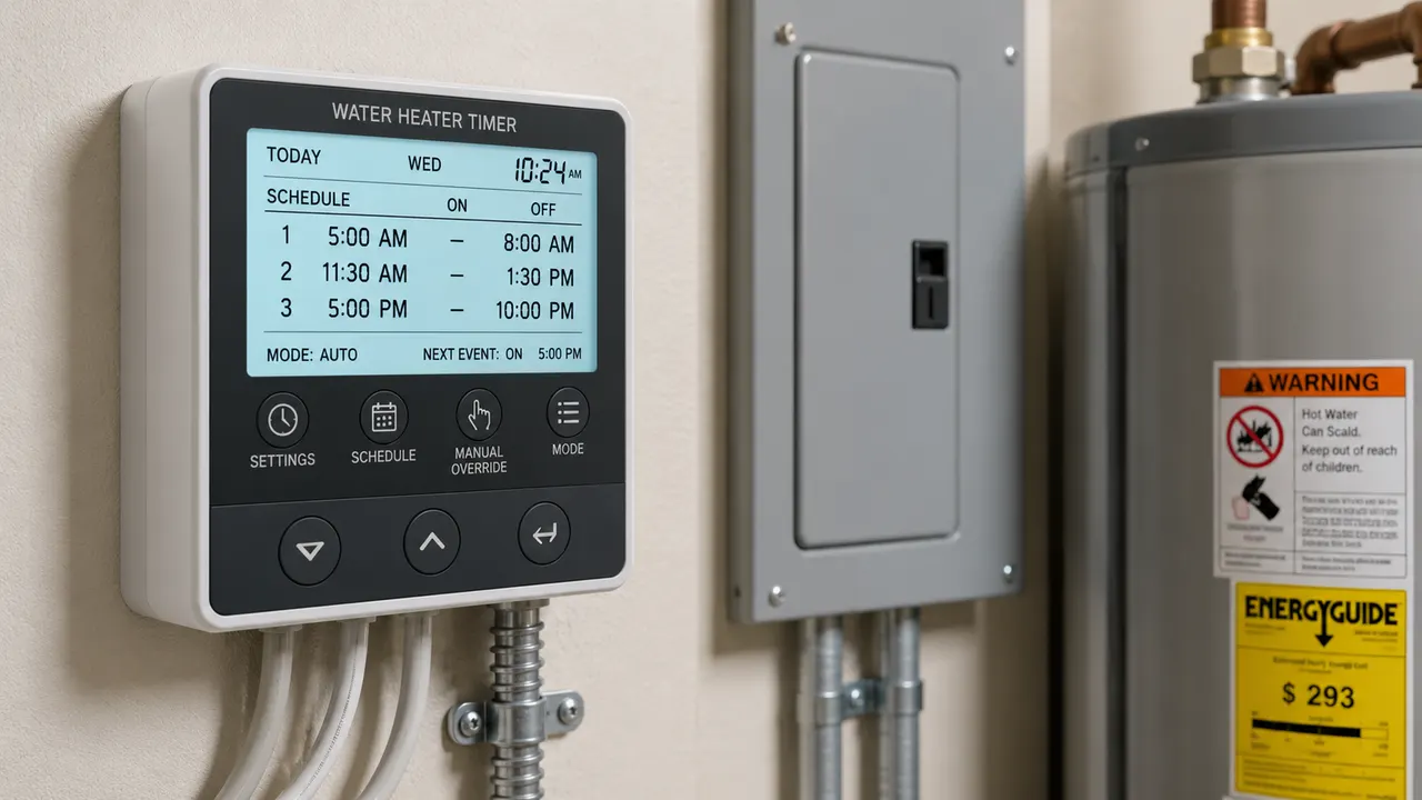 A sleek wall-mounted digital programmable timer device for municipal water heater integration