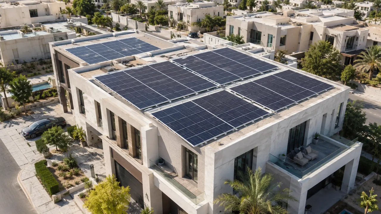 Aerial view of multiple flat-roof energy-producing solar structures and modern building automation units on a luxury villa flat roof