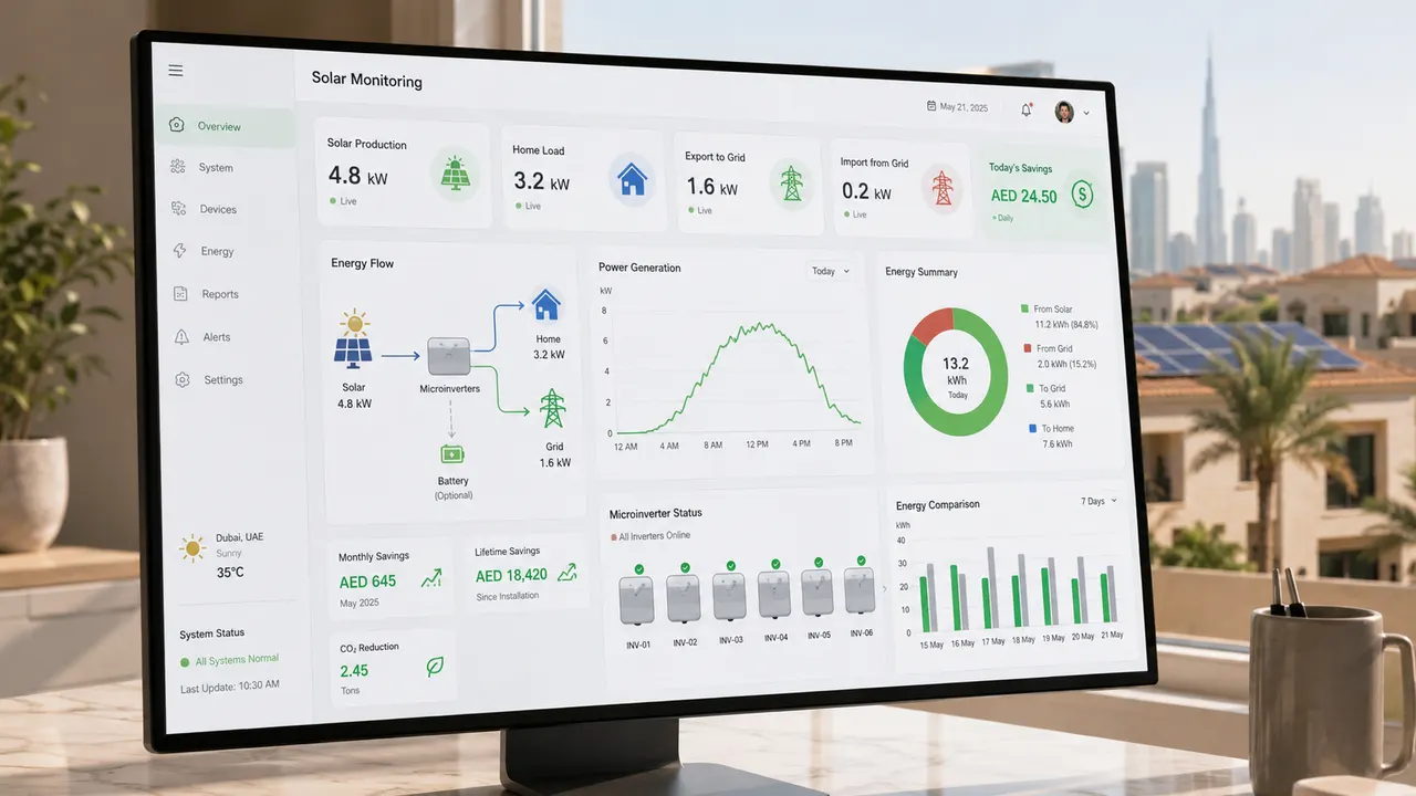 Modern digital energy monitor dashboard in front of computer desk
